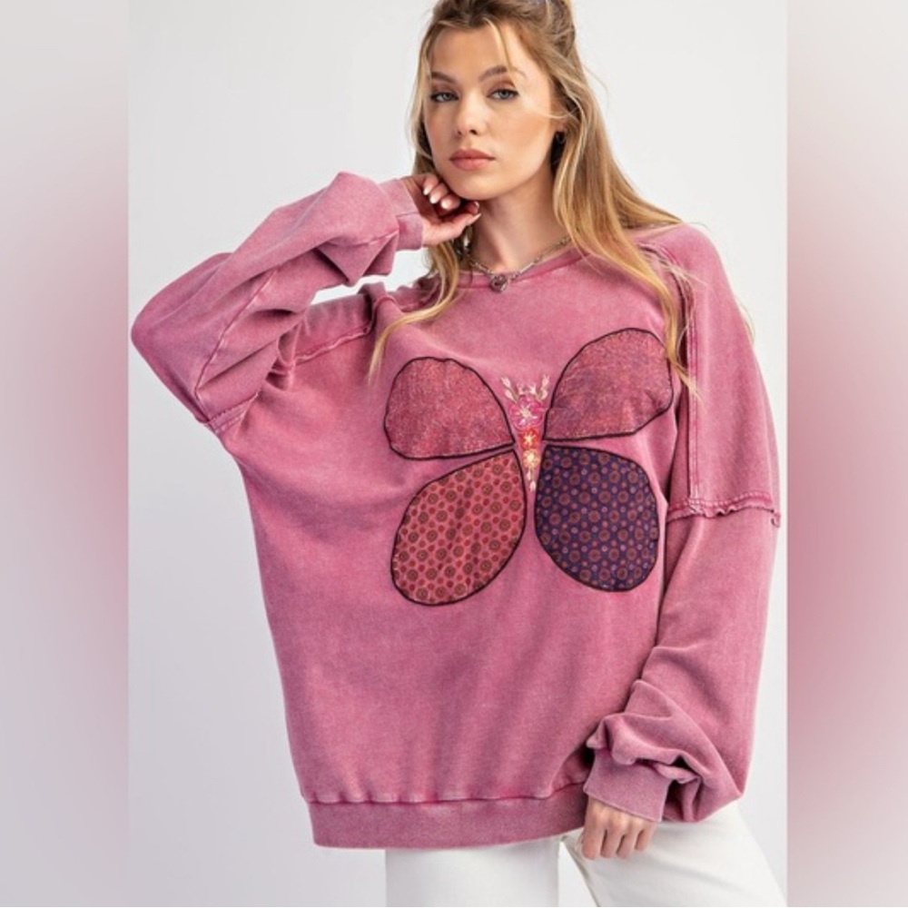 easel Pink Washed Butterfly Appliqué Sweatshirt